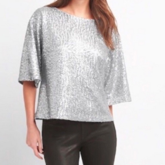 GAP Silver Sequin Boatneck Top - Women's Sparkle Blouse, XS - Picture 3 of 4